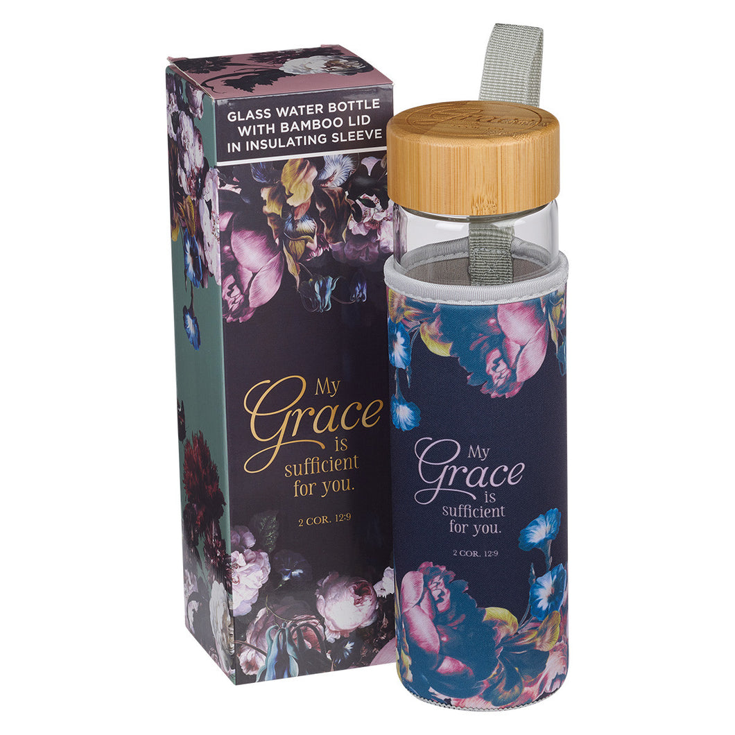 My Grace is Sufficient Glass Water Bottle with Bamboo Lid and Sleeve