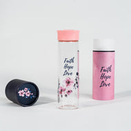 Faith Hope Love Glass Water Bottle in Pink
