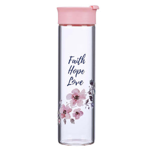 Faith Hope Love Glass Water Bottle in Pink