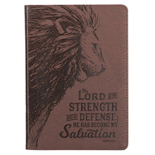Load image into Gallery viewer, My Strength &amp; My Defense Brown Faux Leather Journal - Exodus 15:2
